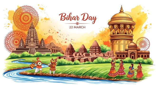 Bihar Day Celebration Digital Watercolor Poster Design Featuring Vibrant Artistic Splashes and Traditional Cultural Elements Illustrating the Rich Heritage of the Indian State Artwork