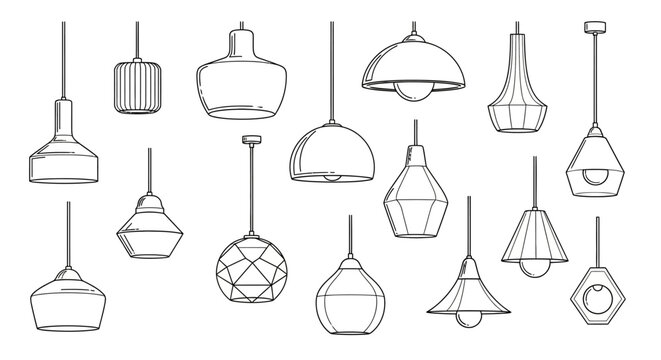 Modern Pendant Lights Collection Line Art Hanging Lamp Set Vector Illustration