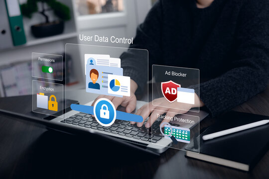 Business interface showing user data control, permissions, encryption, ad blocker, and tracking protection, representing privacy management, secure access, and personal information protection.