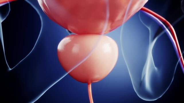 An enlarged prostate can compress the bladder, causing difficulty urinating, nephritis, kidney damage, and urinary tract infections. Prostatitis, BPH, urinary system anatomy, medical 3D animation.