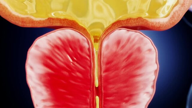 Difficulty urinating, prostatitis and redness, enlargement of the prostate, compressing the bladder and urethra, leading to urinary tract infections. Urinary system diseases, medical 3D animation.