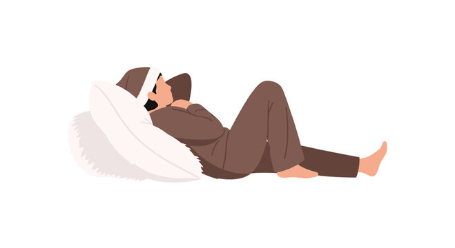 A peaceful person wearing brown pajamas and a matching sleep cap lies comfortably on a large white pillow while resting in a relaxed horizontal pose on white.