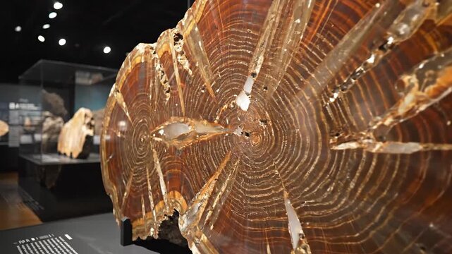 Petrified Wood Fossil Slice in Museum Exhibit