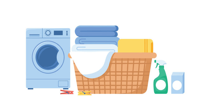 A modern blue front-loading washing machine stands next to a full wicker laundry basket accompanied by green detergent spray and a blue soap box on white.