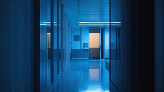 Long empty hospital hallway bathed in cool blue light, sterile modern clinic interior with glossy floors, minimalist corridor and futuristic, tranquil medical atmosphere