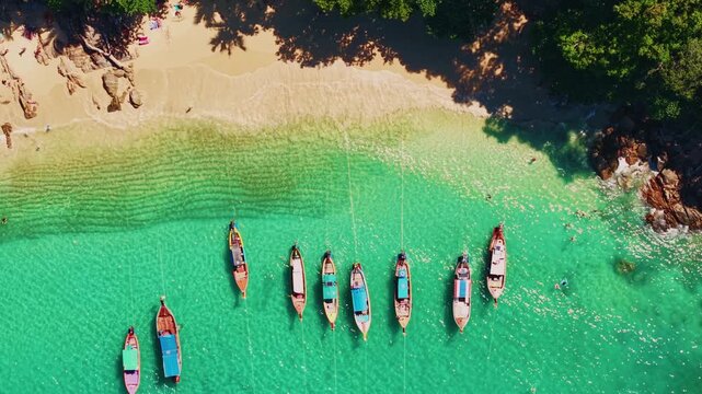 Aerial top view Amazing travel landscape Thailand. Longtail boat in turquoise clear water paradise tropical banana beach Phuket..