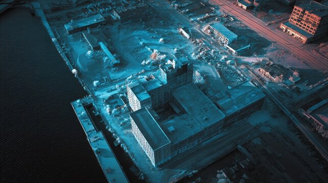 Aerial view showcasing an abandoned industrial district with derelict buildings. Former factories. And an old port area. Highlighting urban decay and the process of deindustrialization during twilight