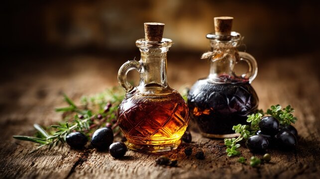 Two small glass cruets filled with amber and dark liquids rest on rustic wooden surface alongside fresh herbs and dark fruit.