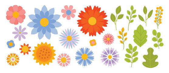 Spring flower vector set with colorful floral elements, leaves and bouquet corner arrangement. Pastel botanical collection for greeting cards, invitations, posters and seasonal design. © TWINS DESIGN STUDIO