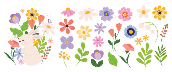 Obraz na płótnie Canvas Spring flower vector set with colorful floral elements, leaves and bouquet corner arrangement. Pastel botanical collection for greeting cards, invitations, posters and seasonal design.