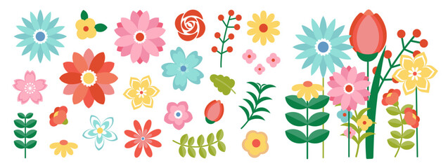 Spring flower vector set with colorful floral elements, leaves and bouquet corner arrangement. Pastel botanical collection for greeting cards, invitations, posters and seasonal design. © TWINS DESIGN STUDIO