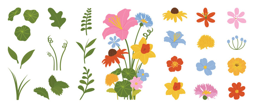 Spring flower vector set with colorful floral elements, leaves and bouquet corner arrangement. Pastel botanical collection for greeting cards, invitations, posters and seasonal design.