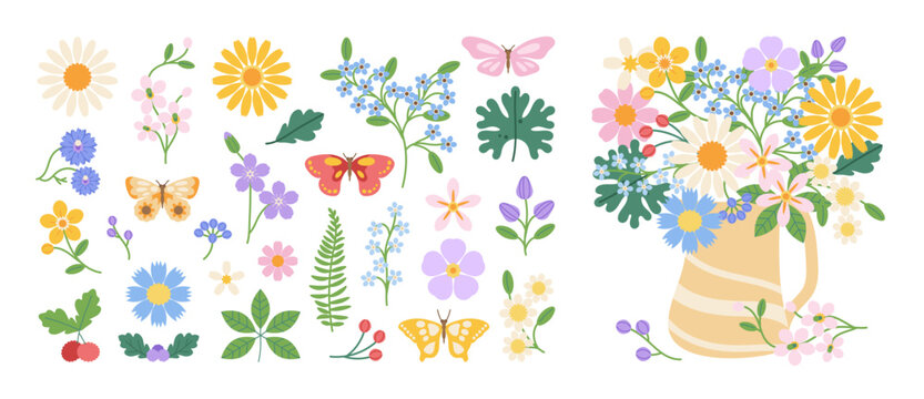 Spring flowers vector set with butterfly, leaves and pastel floral bouquet in striped vase. Colorful botanical collection for greeting cards, invitations, posters and seasonal design.