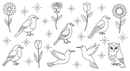 Fototapeta premium A black and white drawing of birds and flowers isolated on white background, Vector, illustration