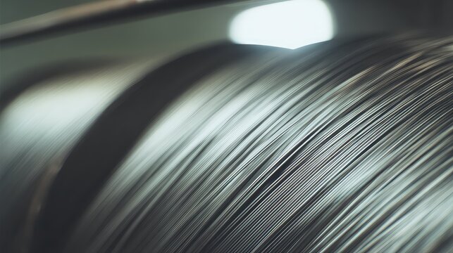Metal wire spool with precise, tightly wound metallic threads and textured, striped surface, industrial close up highlighting manufacturing, engineering, strength, and fine detail