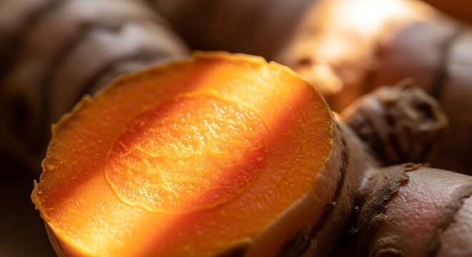 Close-up macro shot of a vibrant, sliced turmeric root, highlighting its bright orange interior and textured skin, evoking warmth and natural goodness