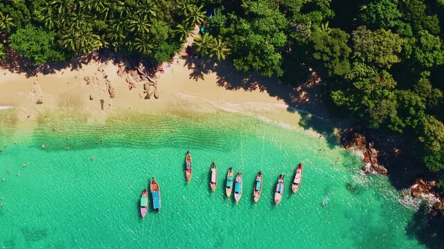 Aerial top view Amazing travel landscape Thailand. Longtail boat in turquoise clear water paradise tropical banana beach Phuket..