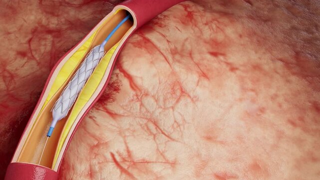 Cardiac stents, PCl surgery, stents to clear coronary arteries, treatment of coronary heart disease, myocardial infarction, stent implantation to improve vascular circulation, surgical procedures, 3D.