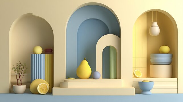 Three arched niches display still life arrangements with geometric shapes and citrus fruits