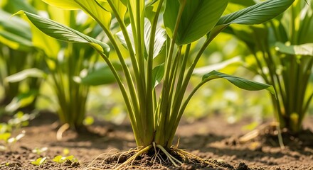 Obraz premium Vibrant green turmeric plants thrive in fertile soil under natural sunlight, showcasing their robust growth and the healthy development of this valuable spice crop for culinary and medicinal uses