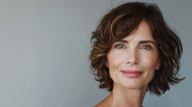 A woman over 40 with a textured short haircut, entire hairstyle clearly visible, no cropping, soft layered volume, natural brunette tones