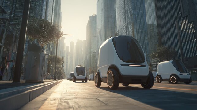 autonomous delivery robot on modern city street, electric vehicles charging nearby, smart infrastructure, clean urban design, futuristic but