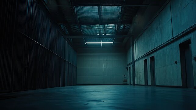 Long, low angle view of a stark, empty industrial corridor creating a sense of isolation and mystery with cool, monochromatic light highlighting its metallic surfaces and concrete floor