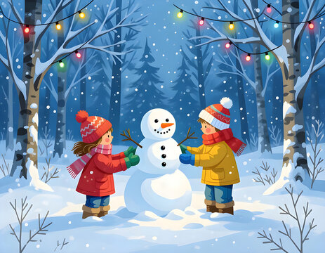 Children building snowman in snowy forest at christmas time