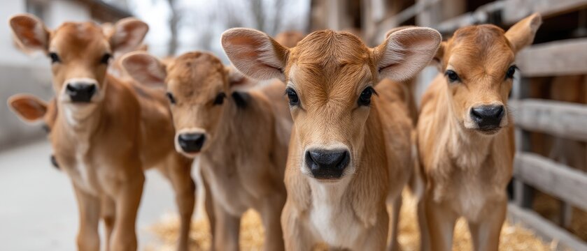 Close-up of young brown cows inside a barn looking at the camera during the day with some hay in the background on a farm