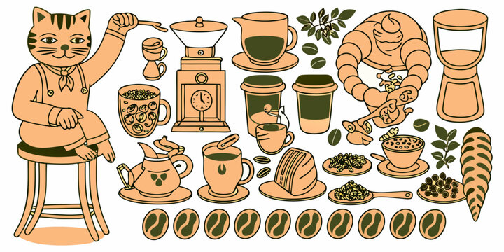 Whimsical illustration of cats enjoying coffee and related paraphernalia