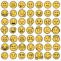Fototapeta premium Collection of various yellow emoticon faces on white background 