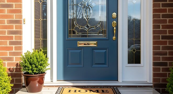 Front door of a charming house featuring a vibrant blue door with decorative glass, golden hardware, a welcoming 'HOME' doormat, and lush greenery outside