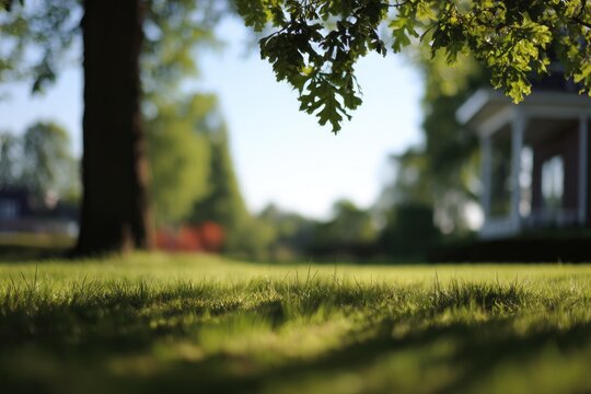 Sunny day over vibrant green grass in foreground, blurred trees and house beyond