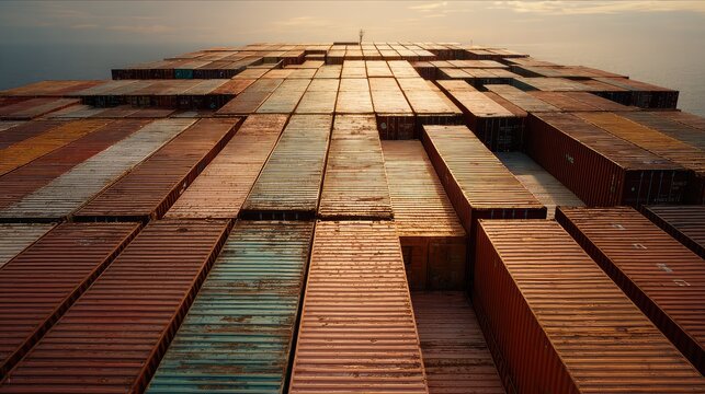 Large cargo vessel navigating open sea, carrying numerous stacked shipping containers, symbolizing global trade, international logistics, and maritime transportation at sunset