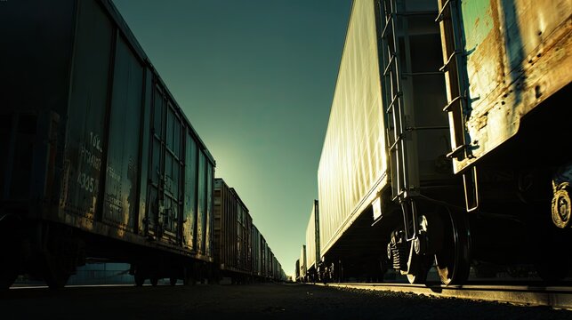 Cargo train cars standing on parallel railway tracks, creating a vanishing point perspective, with the warm colors of a setting sun illuminating the scene
