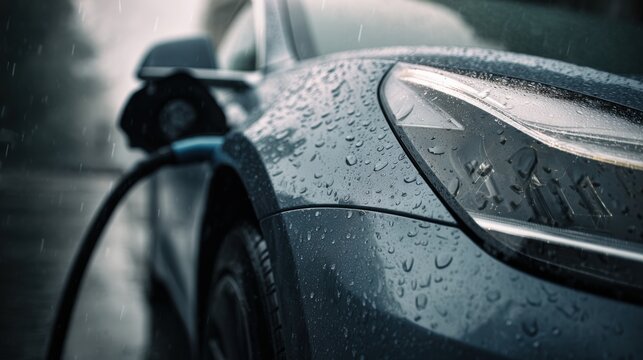 electric car charging in rainy weather, water drops on surface, reflections, moody natural light, real urban environment, imperfect conditions