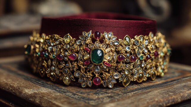 Exquisite antique Indian gold choker necklace with emerald and rubies