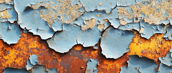 Fototapeta premium Close up of weathered blue paint peeling off a rusty metal surface, showcasing layers of decay and creating an abstract pattern of textures and colors