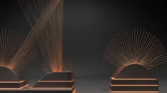 Abstract stage design featuring glowing linear elements on dark podiums
