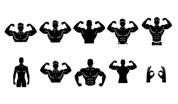 Bodybuilder silhouettes vector set muscular man fitness icons flexing poses gym bodybuilding strength training illustration collection