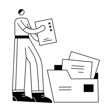 A hand drawn illustration showing a person doing file organization