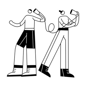 A sketchy illustration showing friends using string telephone