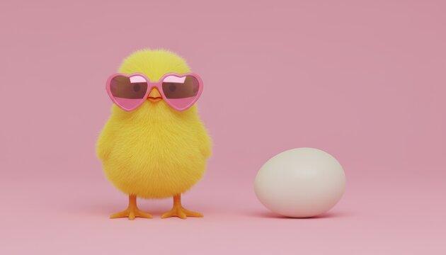 Fluffy yellow chick wearing pink heart-shaped sunglasses beside a white egg