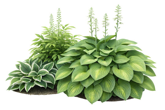 Green hosta plant bush isolated on a transparent background, lush garden foliage.