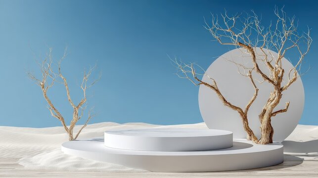 Minimalist white product podium with dry trees in a sandy desert landscape