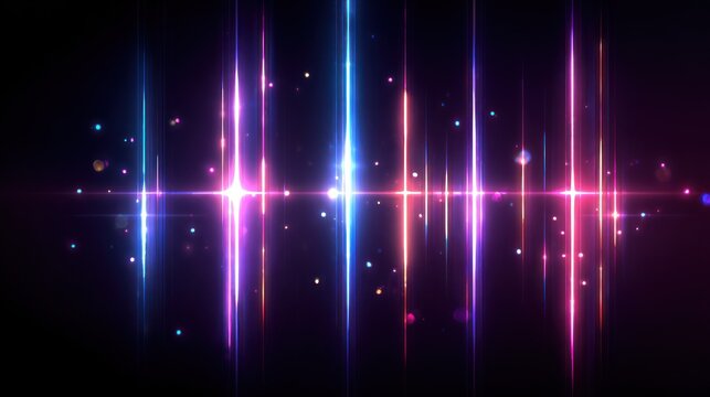 Vibrant glowing light beams pulse across a dark background creating an abstract visualizer effect