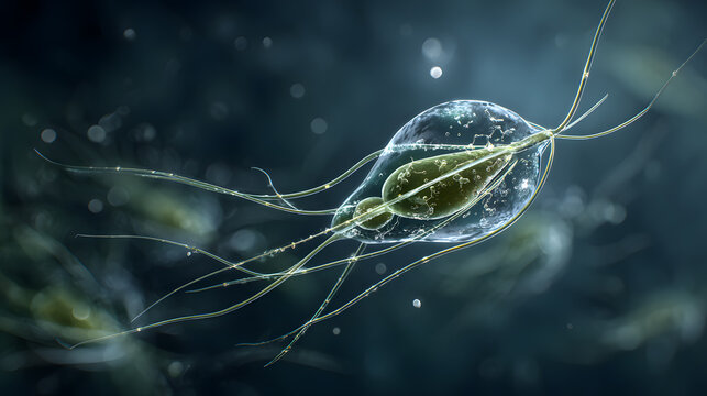 Microscopic flagellated microorganism floating in blue fluid environment