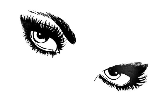 Hand drawn black ink illustration of beautiful female eyes with long lashes