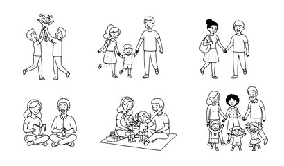 Fototapeta premium Diverse family doodle characters vector illustration parents and children joyful activities outline set
