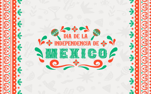 Mexico Independence Day banner with traditional Mexican border and festive ornaments. Perfect for Dia de la Independencia events, greeting, background and Mexican cultural designs. 